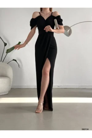 پیراهن مجلسی زنانه با جزئیات شانه‌ای، کمربند دار و با شیار برش از جلو، از پارچه کرب با کیفیت و وارداتی، مناسب برای عروسی و مراسم باله. - 4670