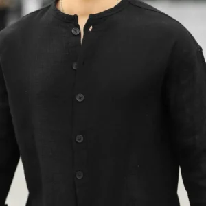 پیراهن نیمه‌کت مردانه با یقه ایستاده و طراحی اوور سایز، ساخته شده از جنس موسلین نرم و قابل تنفس - رنگ سیاه - 4859