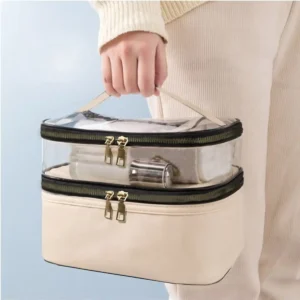 کیف آرایش زنانه بژ چرم شفاف، عملی و شیک، دارای دو بخش و زیپ‌دار، مناسب برای سفر. - 4520