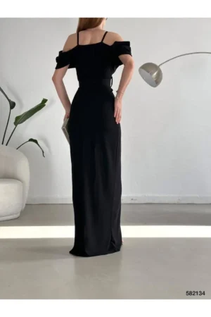 پیراهن مجلسی زنانه با جزئیات شانه‌ای، کمربند دار و با شیار برش از جلو، از پارچه کرب با کیفیت و وارداتی، مناسب برای عروسی و مراسم باله. - 4670