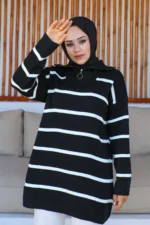 تونیگ با یقه مشکی و زیپدار با طرح راه راه - 4400