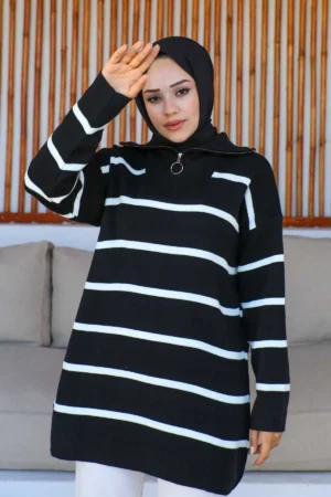 تونیگ با یقه مشکی و زیپدار با طرح راه راه - 4400