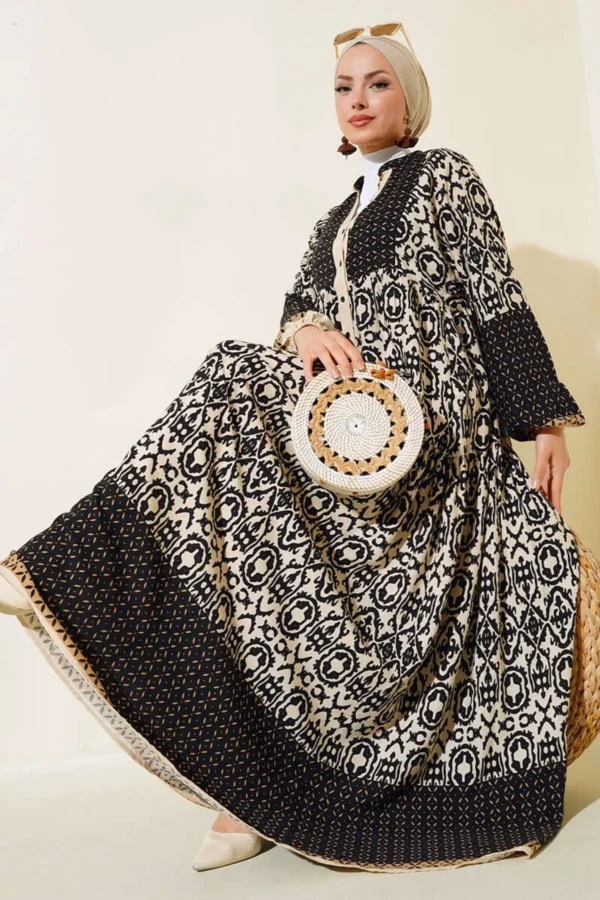 مدل لباس زنانه مشکی و کرم دارای طرح، از جنس ویسکوز 2423 - 4405