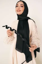 عبای بلند حجاب ساتن براق با پارچه شيفون. - 5980