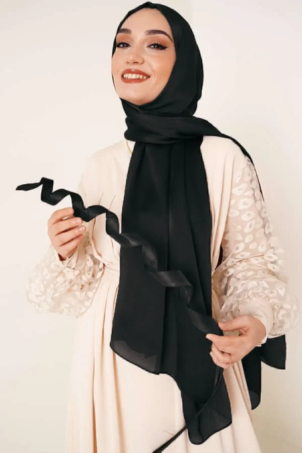 عبای بلند حجاب ساتن براق با پارچه شيفون. - 5980