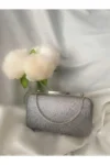 کیف پارچه‌ای نقره‌ای، کیف شب مجلسی با تزئینات سنگی - 6494