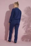 ست پیژامه زنانه کتان آبی تیره با دکمه‌های جلو و آستین‌های بلند - 6036