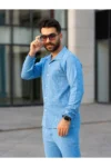 ست لباس مردانه، شلوار جگر پنبه‌ای و پیراهن، طراحی شیک و راحت مناسب فصول مختلف به رنگ آبی - 5482