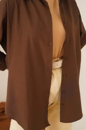 103901 Oversize Basic Tape پیراهن - براون - 6657