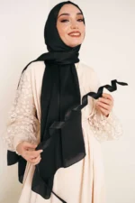 عبای بلند حجاب ساتن براق با پارچه شيفون. - 5980