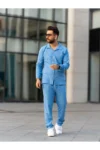 ست لباس مردانه، شلوار جگر پنبه‌ای و پیراهن، طراحی شیک و راحت مناسب فصول مختلف به رنگ آبی - 5482