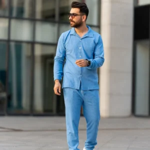 ست لباس مردانه، شلوار جگر پنبه‌ای و پیراهن، طراحی شیک و راحت مناسب فصول مختلف به رنگ آبی - 5482