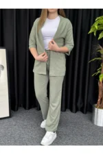 ست بالا و پایین کيمونو به رنگ سبز آجیلی زنانه - 5659