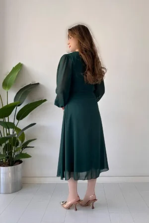 پیراهن شيفون گره‌دار زمردی - 5165