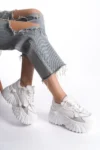 کفش ورزشی زنانه روزمره با ساق بلند و بند دار کف داخلی سفید - 6463