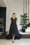 لباس مجلسی شیک دوتکه با جزئیات دانتل و دامن چین دار – رنگ سیاه - 5011