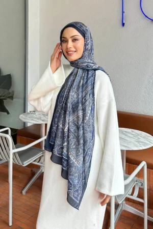 شال پنبه‌ای طرح رترو رنگ سرمه‌ای - 5959