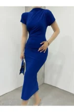 پیراهن زنانه آستین کوتاه با چین‌دار روی شانه و کمر سندی - 6138