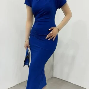 پیراهن زنانه آستین کوتاه با چین‌دار روی شانه و کمر سندی - 6138