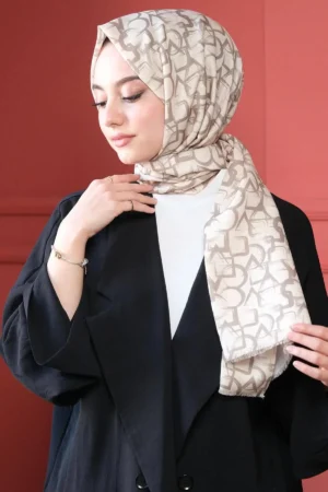 شال پنبه‌ای بژ با الگوی هندسی - 5986