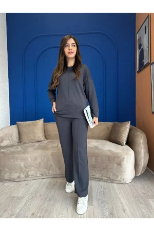 اوایس مدل پارچه با الاستین راحت، روزانه و شیک - ست بالاتنه و پایین‌تنه لباس ورزشی (ست سویشرت و شلوار) - 6307