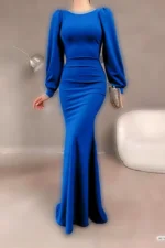 پیراهن ماکسی مدل ماهی آستین بادکنکی از پارچه کرب ایتالیایی به رنگ آبی ساکس - 6143