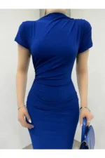 پیراهن زنانه آستین کوتاه با چین‌دار روی شانه و کمر سندی - 6138