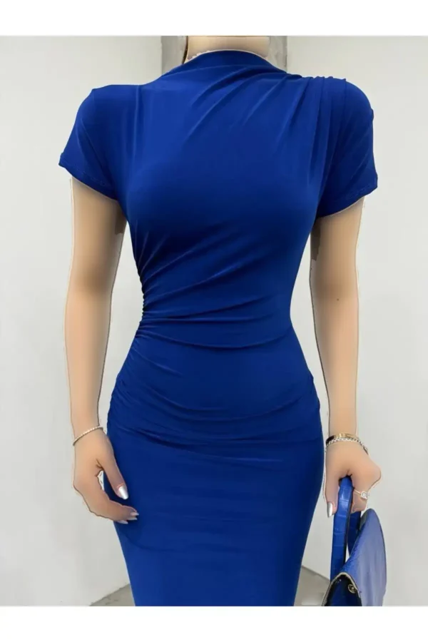 پیراهن زنانه آستین کوتاه با چین‌دار روی شانه و کمر سندی - 6138
