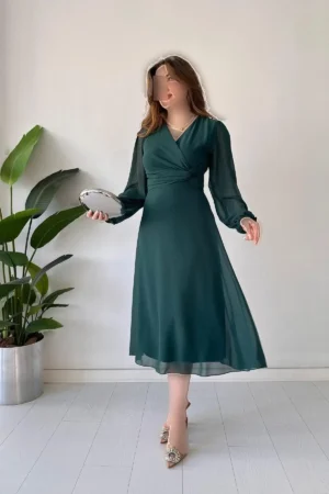 پیراهن شيفون گره‌دار زمردی - 5165