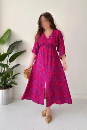دخترانه پیراهن ویسکوز آستین خفاشی رنگ فوشیا - 5167