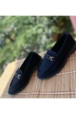 کفش لوفر زنانه با جزئیات زنجیری از چرم - 6777