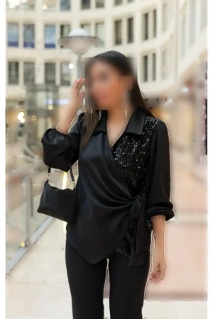 WOMEN V گردنبند اسلحه لاستیک Semi- Sequined Combed Satin Blouse - 6666