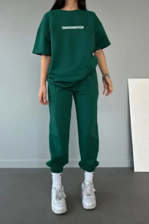 تی‌شرت That's So Fetch شلوار جگری (Jogger) - ست ورزشی سبز با چاپ ست هودی و شلوارOversize با یقه گرد - 6293