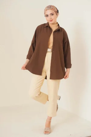 103901 Oversize Basic Tape پیراهن - براون - 6657