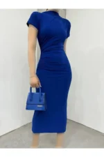 پیراهن زنانه آستین کوتاه با چین‌دار روی شانه و کمر سندی - 6138