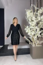 لباس شب مجلسی سرهمی یقه کراواتی با نخدر در رنگ مشکی - 5005