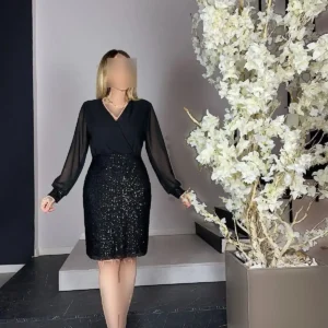 لباس شب مجلسی سرهمی یقه کراواتی با نخدر در رنگ مشکی - 5005