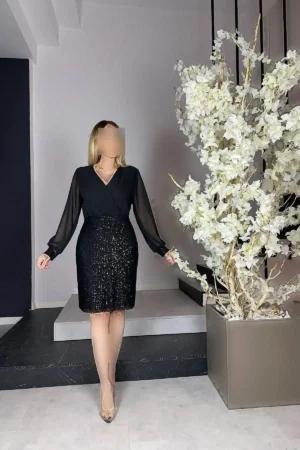 لباس شب مجلسی سرهمی یقه کراواتی با نخدر در رنگ مشکی - 5005