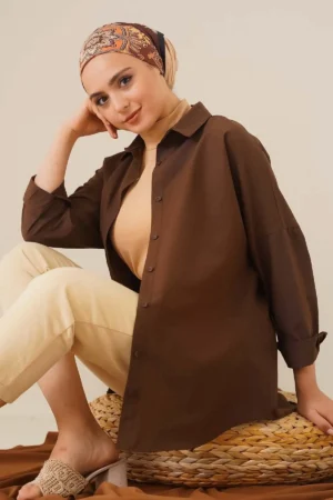 103901 Oversize Basic Tape پیراهن - براون - 6657
