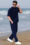 ست تیشرت و شلوار کوتاه تابستانی آبی تیره مردانه سایز بزرگ - 5495