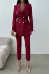 ست پالتو و شلوار با جزئیات دکمه‌ای و بند دار - 6478