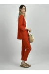 ست کیمونو دو تکه زنانه با شلوار راحتی به رنگ آجری - 5667