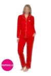 ست پیژامه زنانه با یقه‌ دار و دکمه‌ دار جلو، آستین‌ های بلند، پارچه‌ ای از پنبه و الیاف لاستیکی، به رنگ قرمز و سفید. - 6035