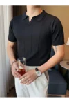 تی‌شرت نخی کوتاه آستین مردانه با راه‌راه سیاه - 6563