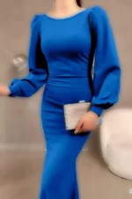 پیراهن ماکسی مدل ماهی آستین بادکنکی از پارچه کرب ایتالیایی به رنگ آبی ساکس - 6143