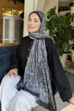 شال پنبه‌ای طرح رترو سیاه و بژ - 5955