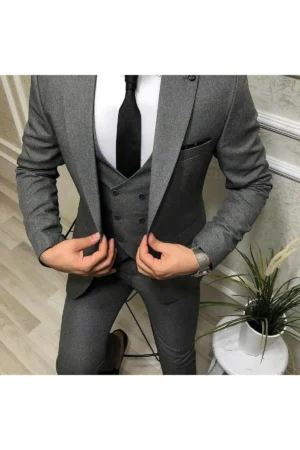 کت و شلوار لیست شده با یقه باریک و رنگ ساده - 5289