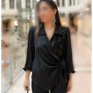 WOMEN V گردنبند اسلحه لاستیک Semi- Sequined Combed Satin Blouse - 6666