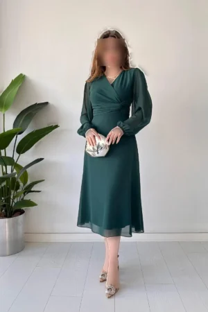 پیراهن شيفون گره‌دار زمردی - 5165