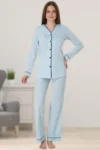ست پیژامه بارداری نخی آبی دخترانه با دکمه‌های جلو و لبه‌ دوزی شده - 6044